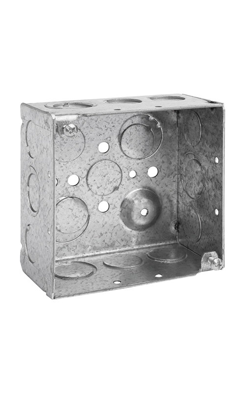 Four Square Box, 2 1/8 Inch Deep, 1/2 Inch and 3/4 Inch Knockouts, Steel